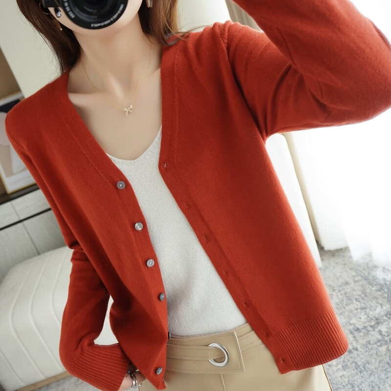 衫女春秋新款v领羊毛开衫宽松百搭毛衣外套纯色针织对襟大尺 朱砂红 s