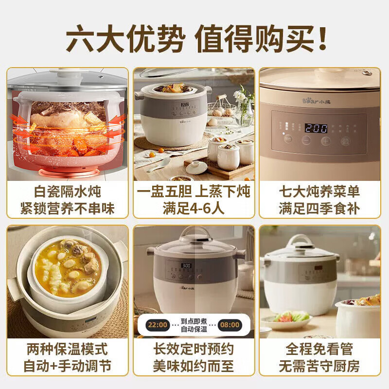 电炖锅电炖盅隔水炖家用全自动大容量煮粥锅煲汤锅炖锅烹饪机 共[白瓷5胆]配蒸笼 4.1L