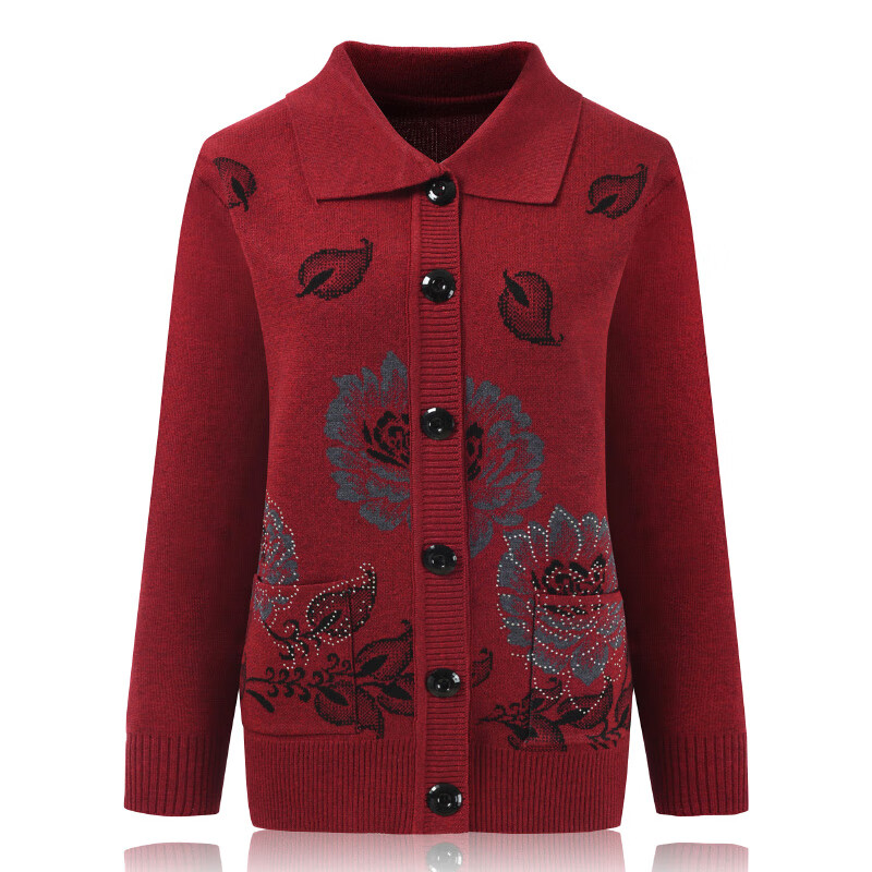 离境天老太太本命年红毛衣开衫外套女装翻领老人衣服毛衣开衫针织外套