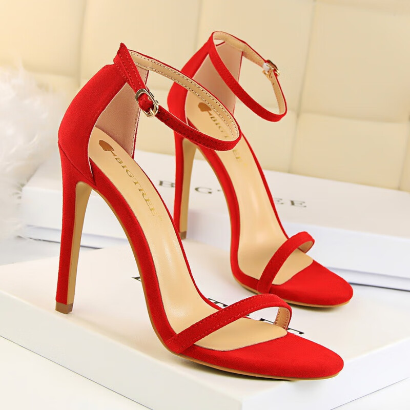 twtckpi简约绒面露趾一字带细跟凉鞋夏季性感宴会女超高跟鞋 红色 11