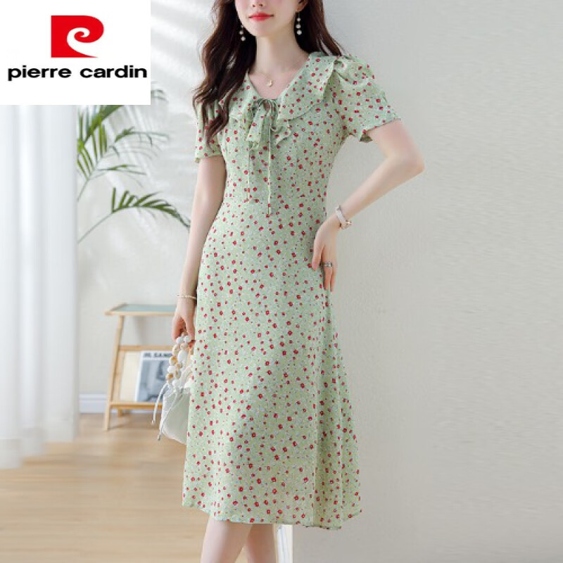 皮尔卡丹（pierre cardin）小清新绿色碎花雪纺短袖连衣裙女夏气质修身显瘦小个子荷叶边裙子 图片色 S 【建议90-105斤】