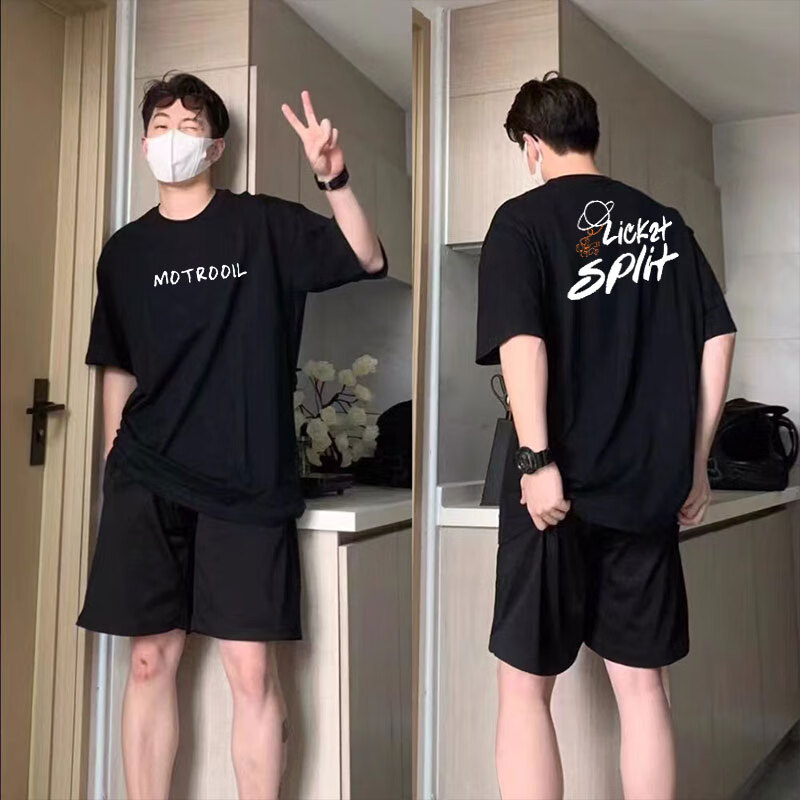 陌汀潮牌星球印花短袖T恤男士夏季纯棉新款潮流美式宽松大码男装体恤 黑色 S