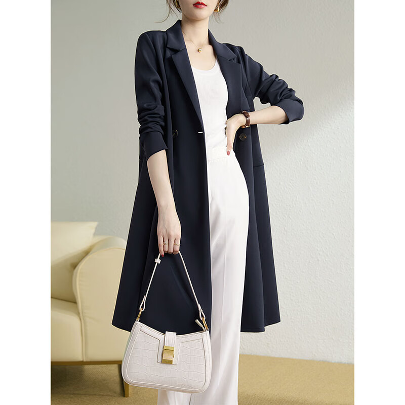 品牌2024早春新款韩版风衣小众高级设计感宽松垂感风衣外套女 藏青色