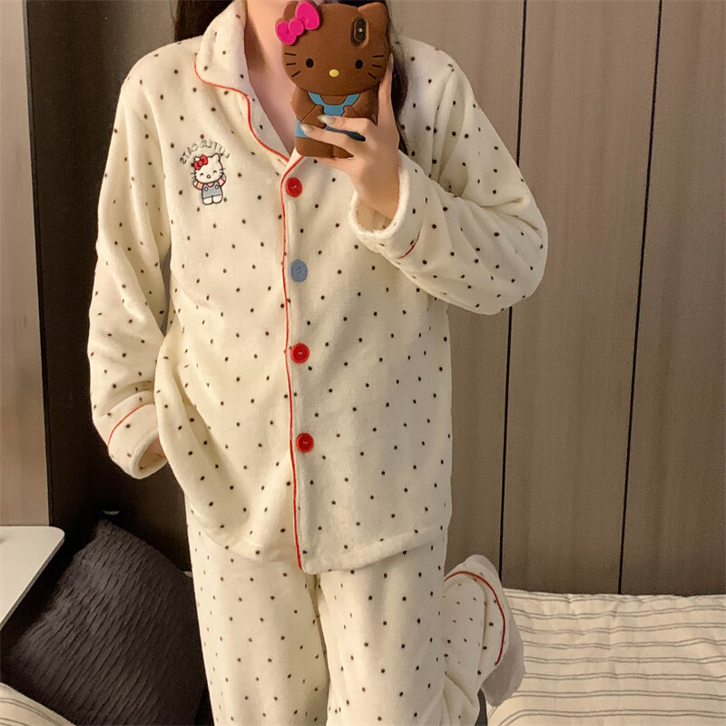 禾回helloKitty夹棉睡衣女冬季甜美卡通空气棉加厚学生休闲家居服套装 白色 波点kt猫 夹层款 M （80-100斤）