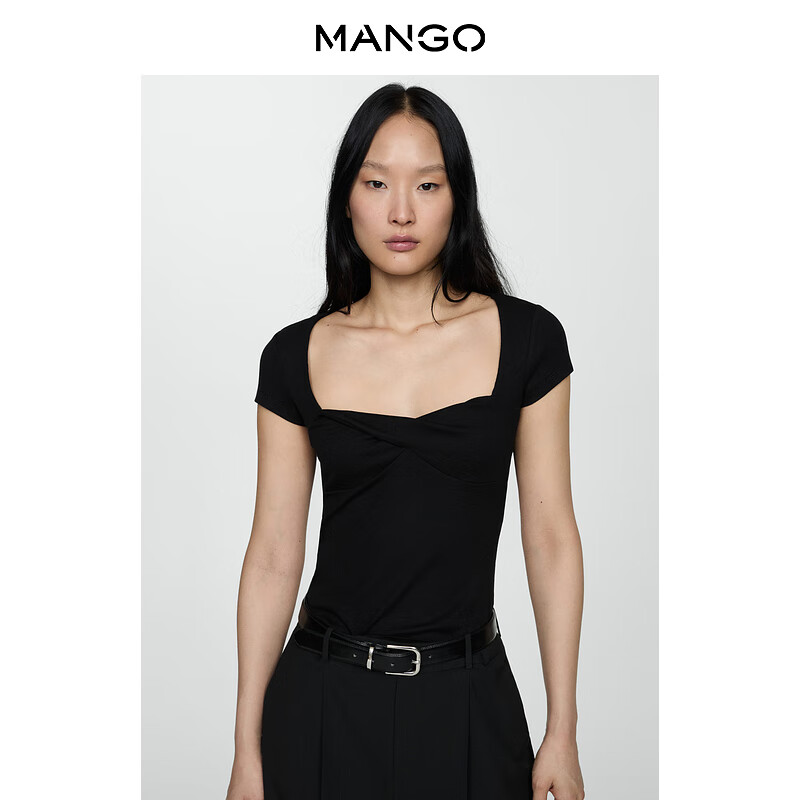 MANGO女裝T恤2024夏裝新款低胸設(shè)計辣妹垂墜領(lǐng)T恤性感小上衣 黑色 L