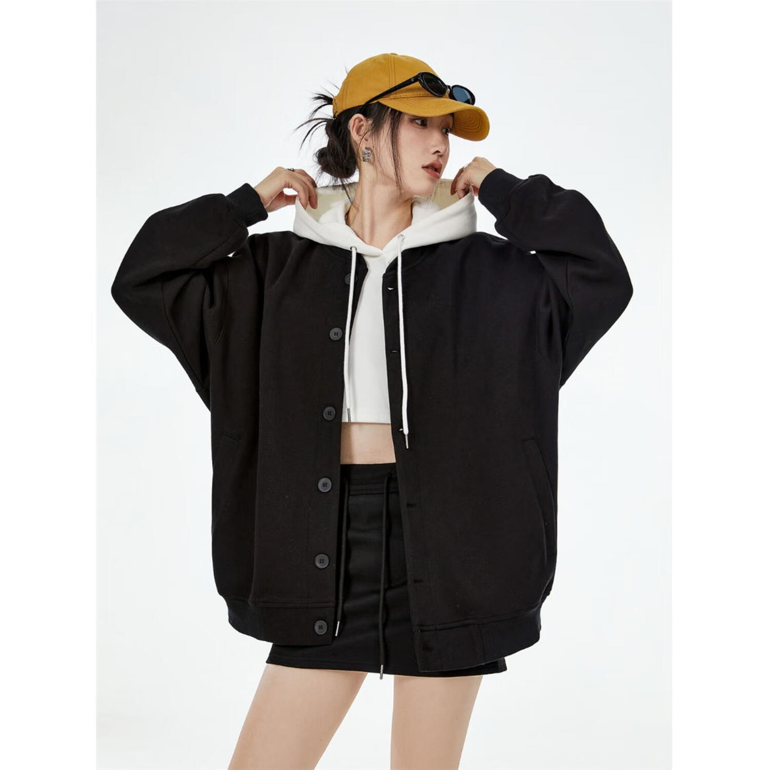 ICH MODE美式复古棒球服外套女秋冬款宽松休闲开衫上衣2026新款 黑色 M