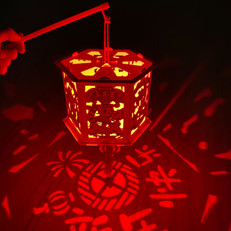 包新年投影走马灯儿童子手工diy材料包手提led纸灯笼过 六角灯笼发光