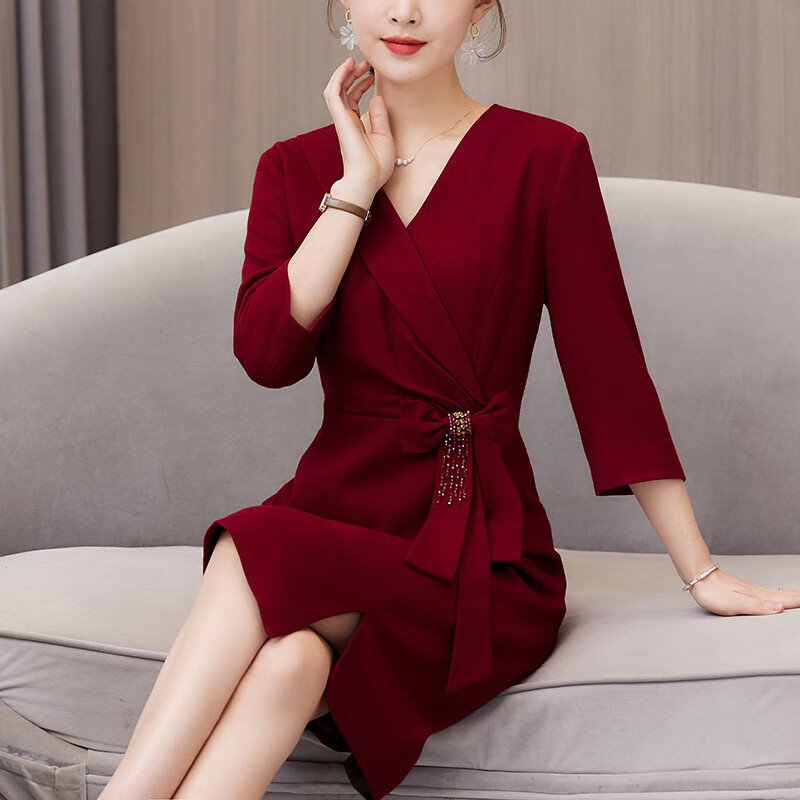 婚宴结婚礼服夏季高贵年轻气质v领参加婚礼喜婆婆敬酒连衣裙 红色定制