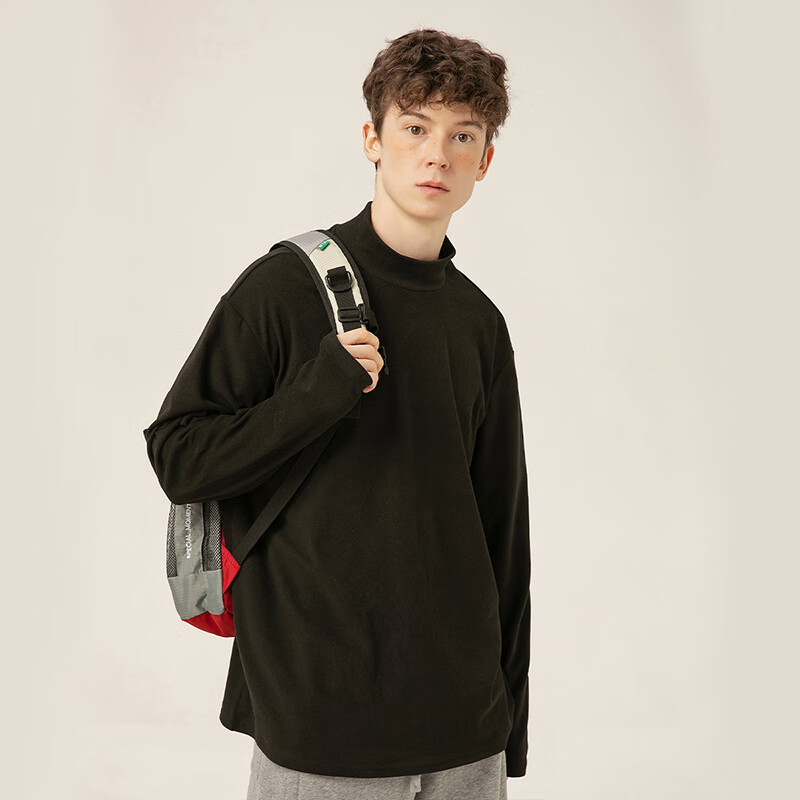 黑鲸海澜之家旗下潮牌半高领打底衫男冬季加绒保暖内搭t恤 黑色 XL