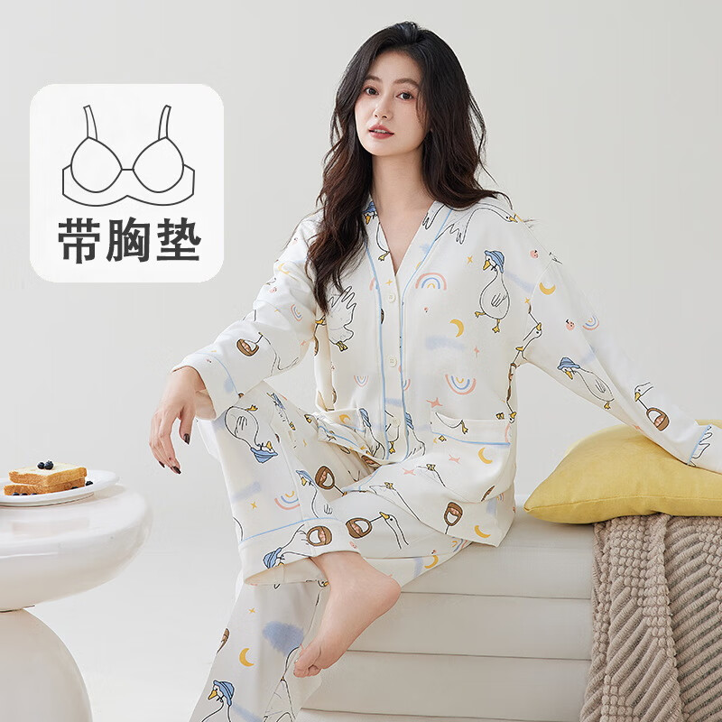 雅鹿睡衣女带胸垫长袖长裤套装春秋季薄款和服领开衫可外穿女家居服 T25655茶灰杏水墨 M 【80-90斤】