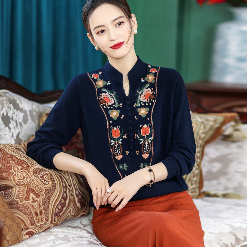 素丝五祁（SUSIWUQI）半开领民族风精绣山羊绒 气质百分百羊绒针织上衣 优雅 SY3853 藏青色 XL