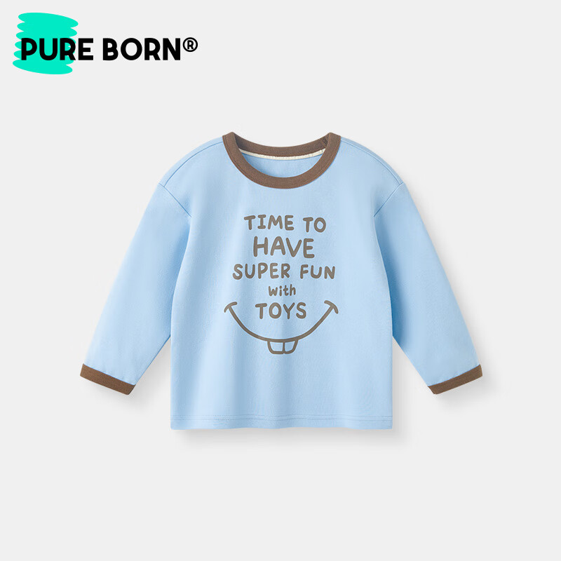 博睿恩(Pureborn)男女宝宝长袖T恤春秋季新款婴童纯棉透气字母印花上衣 浅钻蓝色 100