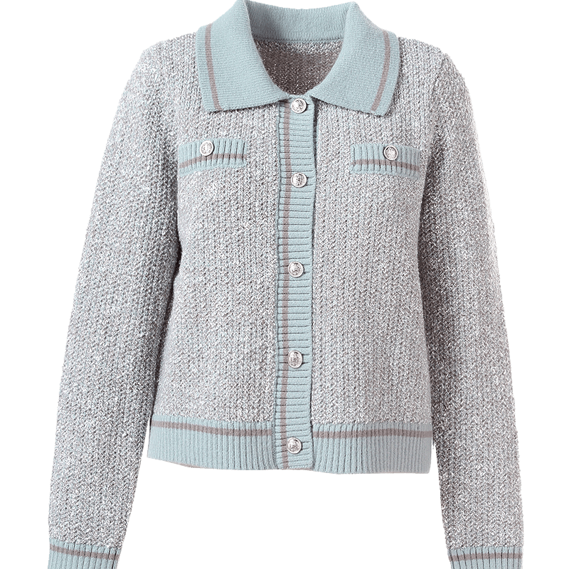 百图betu女装春季新款小香风撞色短款翻领长袖毛衣外套女2401T75 灰兰 M