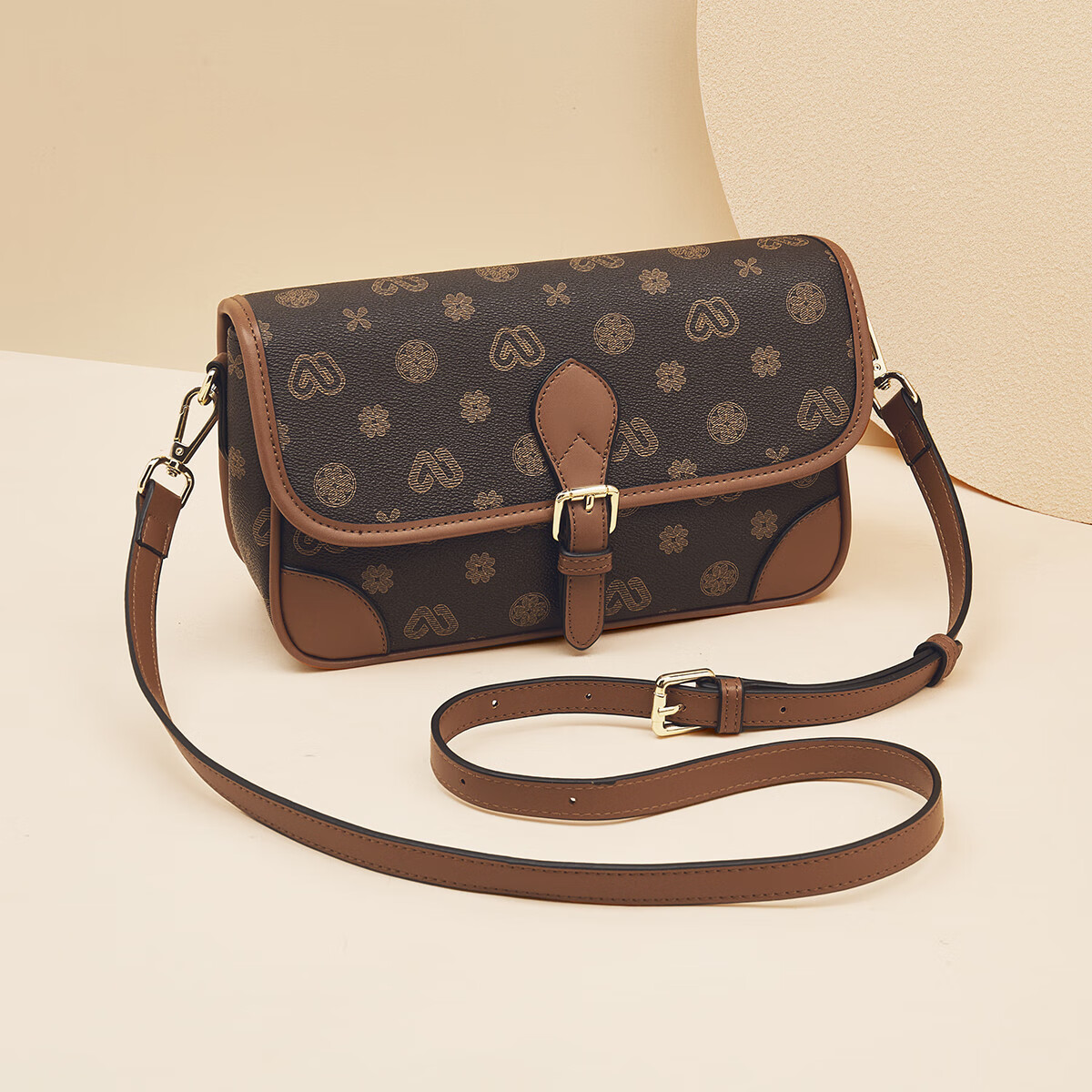 老人头休闲包包女2024爆款单肩信封包时尚妈妈包老花斜挎小方包女 咖