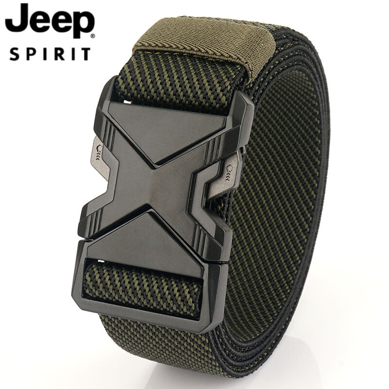 JEEP SPIRIT戰(zhàn)術(shù)彈力戶外皮帶浪人警07尼龍腰帶男士帆布快拆插扣保安褲帶編織 斜紋軍綠色 高檔禮盒裝 110cm