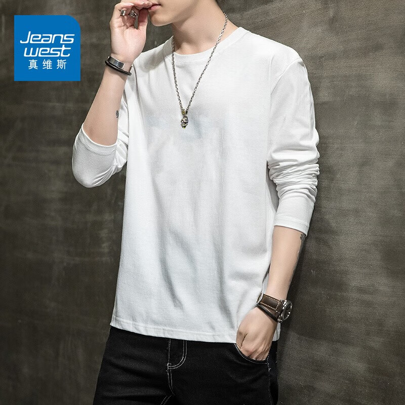 真维斯（Jeanswest）印花长袖t恤男纯棉打底衫春秋季新款圆领内搭休闲男上衣 B777白色 XL