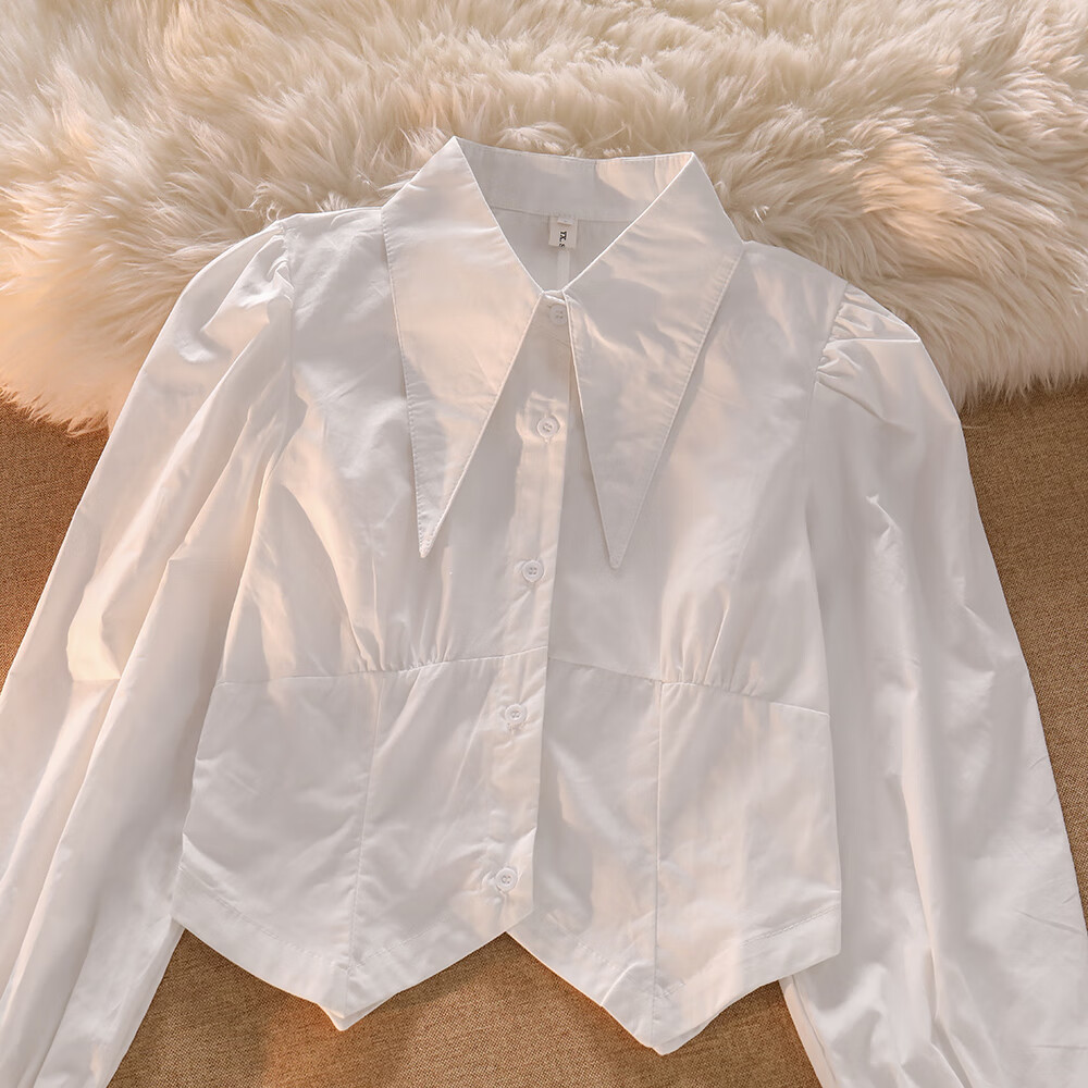 大唐喜乐牛好穿显气质复古设计感小众尖领衬衫女收腰泡泡袖甜辣短款茶