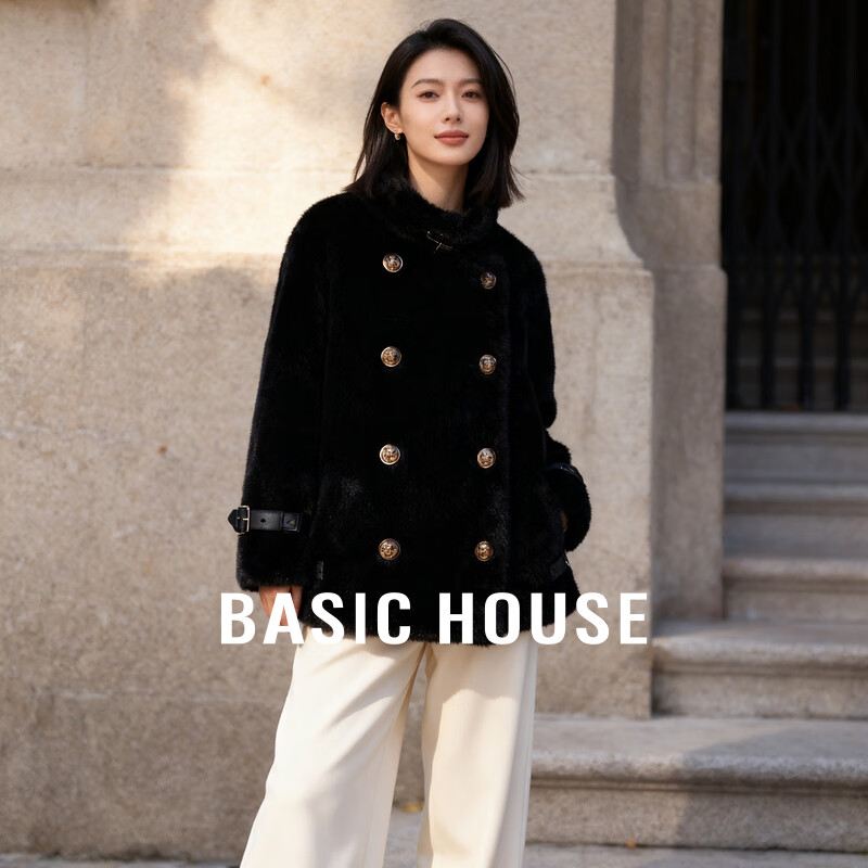 Basic House/百家好圣诞深冬韩版仿水貂绒加厚外套女毛领毛茸茸 黑色 M 85-125斤