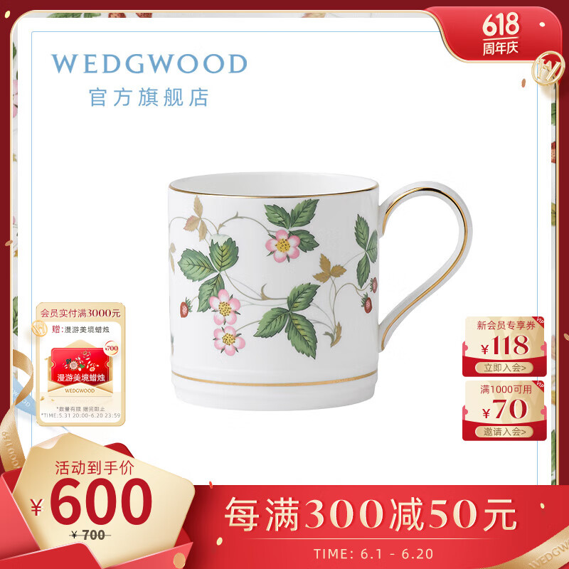 WEDGWOOD[618狂欢购]野草莓马克杯骨瓷杯子牛奶咖啡杯茶杯实用水杯 野草莓马克杯 1个 300ml