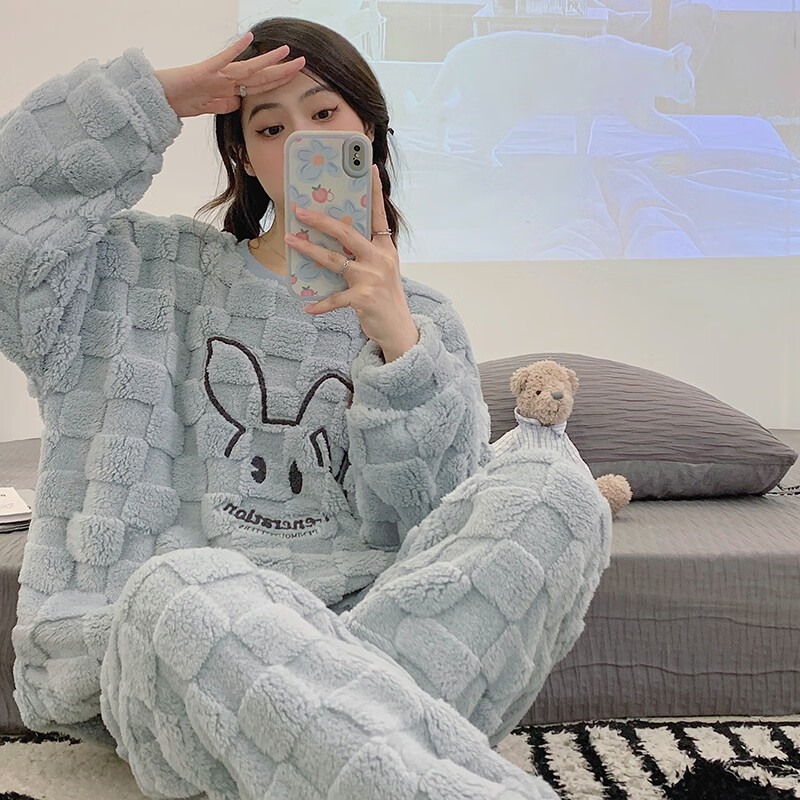 猫人少女感睡衣秋冬加绒加厚中华绒套头款可外穿家居服套装 QRQM-7818 M