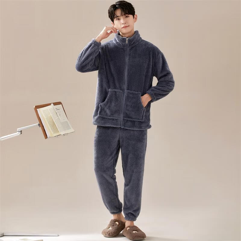 宜而爽法兰绒男士睡衣24年秋冬加绒加厚男士保暖可外穿家居服套装 蓝色【拉链款】 2XL