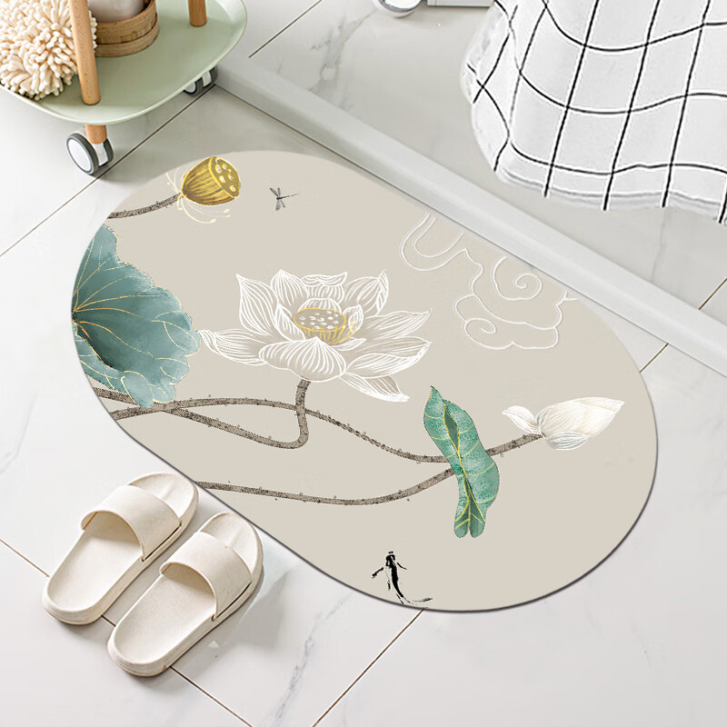 浴室地毯新中式吸水毯子卫生间门口防滑地毯 椭圆形-荷花韵 40*60cm