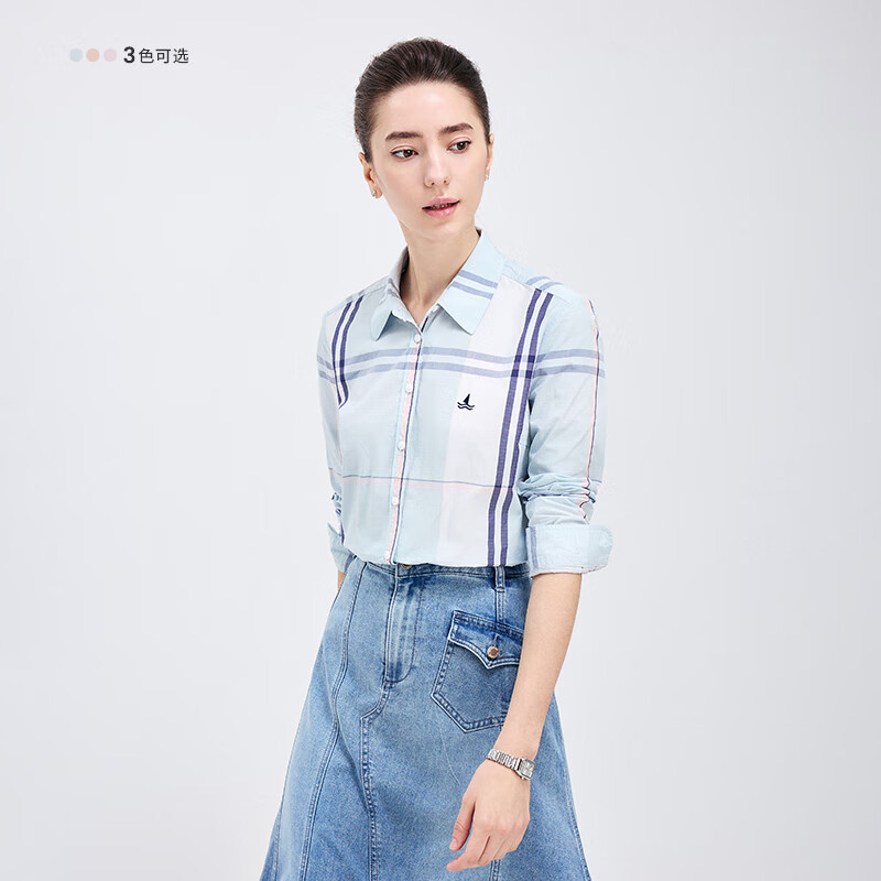 Navigare意大利小帆船长袖衬衫女士春秋季通勤百搭格子休闲衬衣女时尚内搭 蔚蓝/白 L