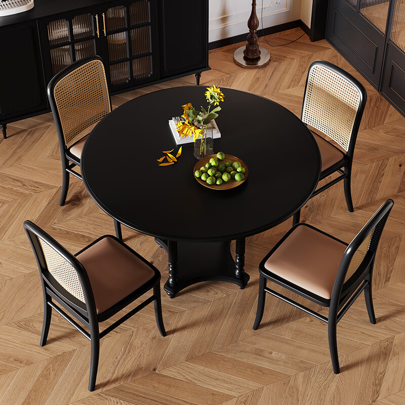 名琢美式圆形餐桌椅组合法式复古小户型实木家用黑色吃饭桌子四椅六椅 1.2米圆型餐桌+4张餐椅