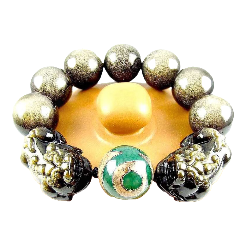 相石缘5A满金沙黑曜石貔貅手链男金曜石皮丘三眼龙纹天珠手串男款20mm珠子