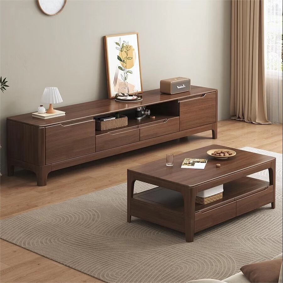 木尔雅全实木茶几电视柜客厅现代简约家用原木茶几带抽屉长方形小户型 全实木加厚100*50*45CM【四抽】胡桃色 【送货上门】自行安装