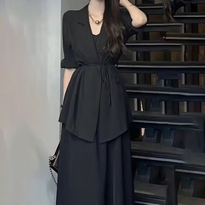 雷黛茜时尚套装女春夏新款小香风气质西装连衣裙收腰显瘦两件套 黑色 套装 3XL 150-165斤