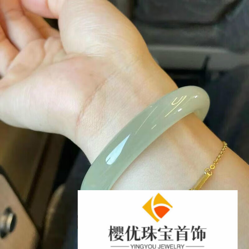 櫻優(yōu)高端冰種青白玉手鐲女款圓條細(xì)款和田玉晴水鐲子精品珠寶玉石翡翠 56-57一般110斤左右