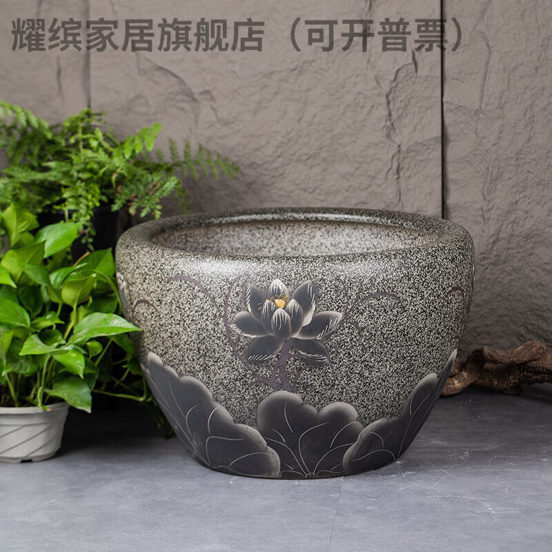 特大号庭院门海大型睡莲缸荷花缸老式大水缸 复古写意荷花 90x90x65cm