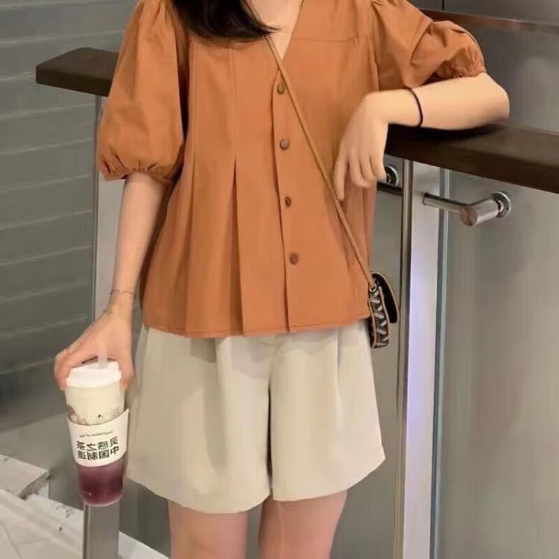 凡摩乔2024夏季娃娃衫南瓜色短袖衬衣女复古港味设计感小众法式衬衫