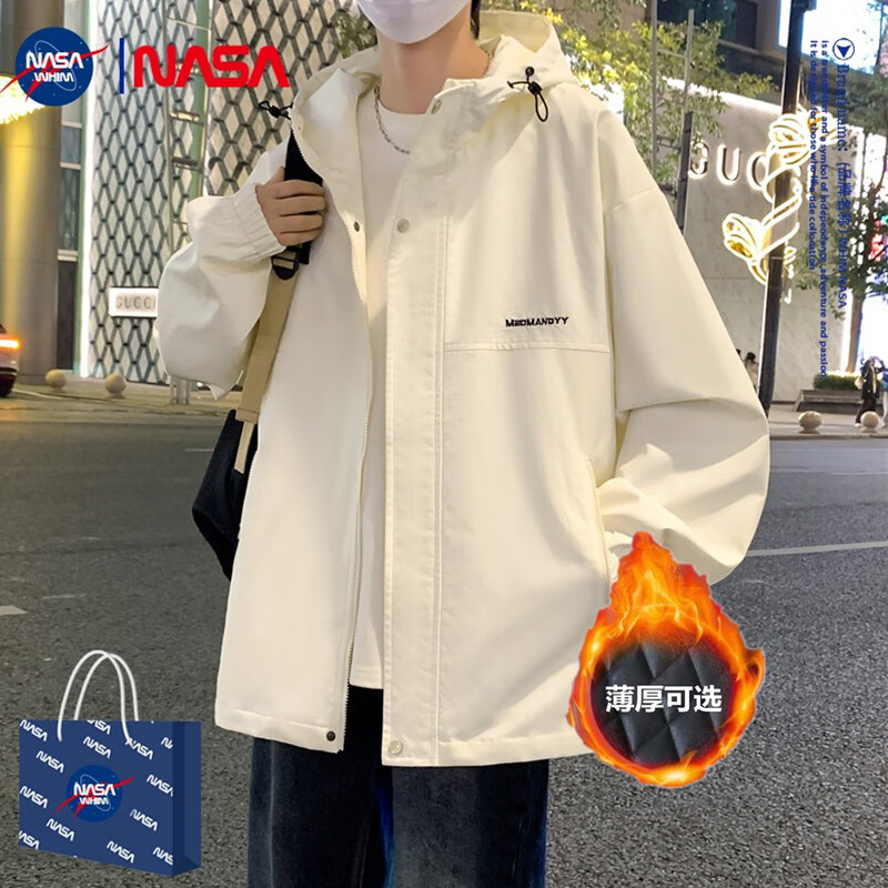 WHIM NASA男士棉服外套男春2025秋冬季新款夹克连帽初高中冲锋学生衣服男装 米色 XL