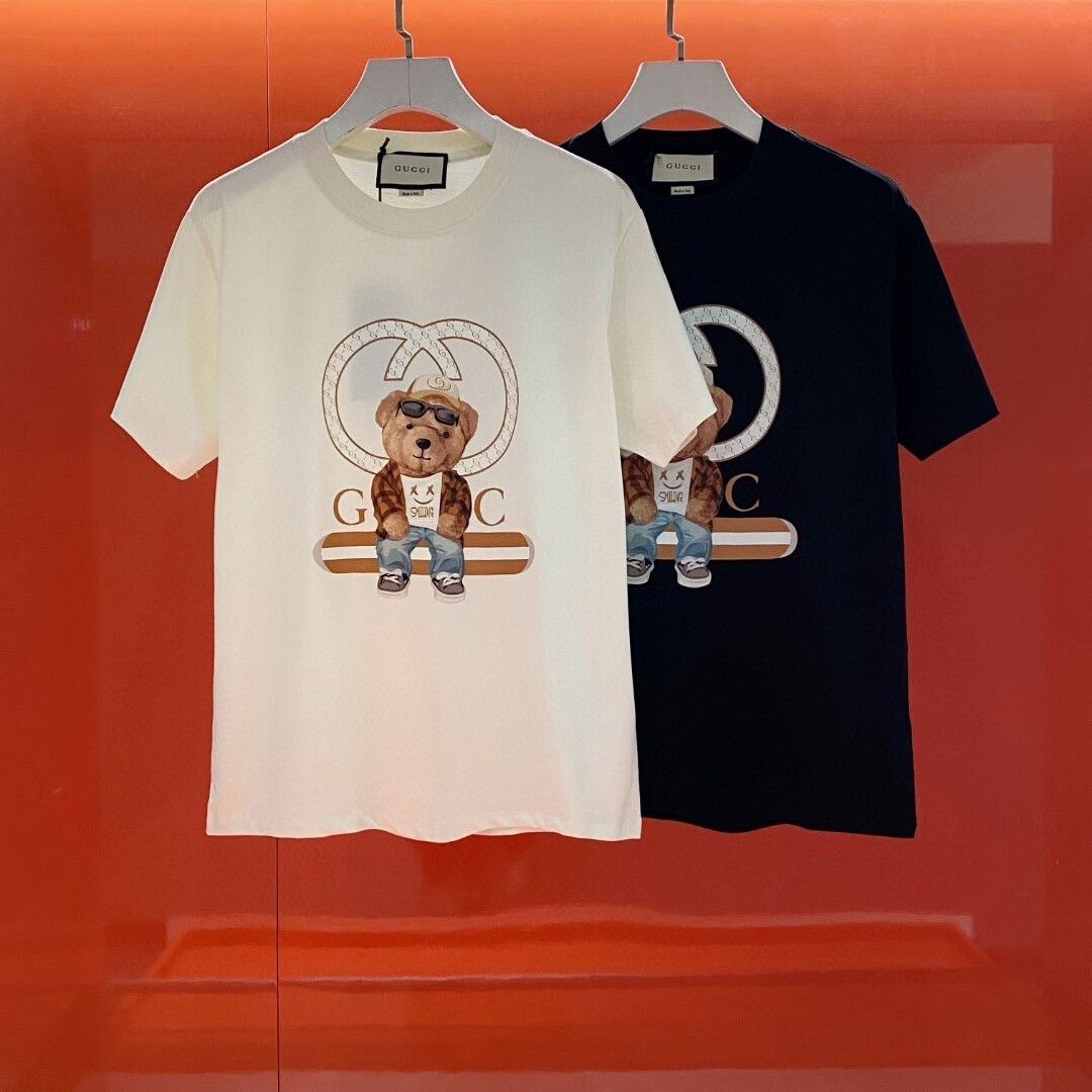 古弛gucigg小熊印花100%纯棉宽松透气短袖t恤男女同款时尚百搭潮 米色
