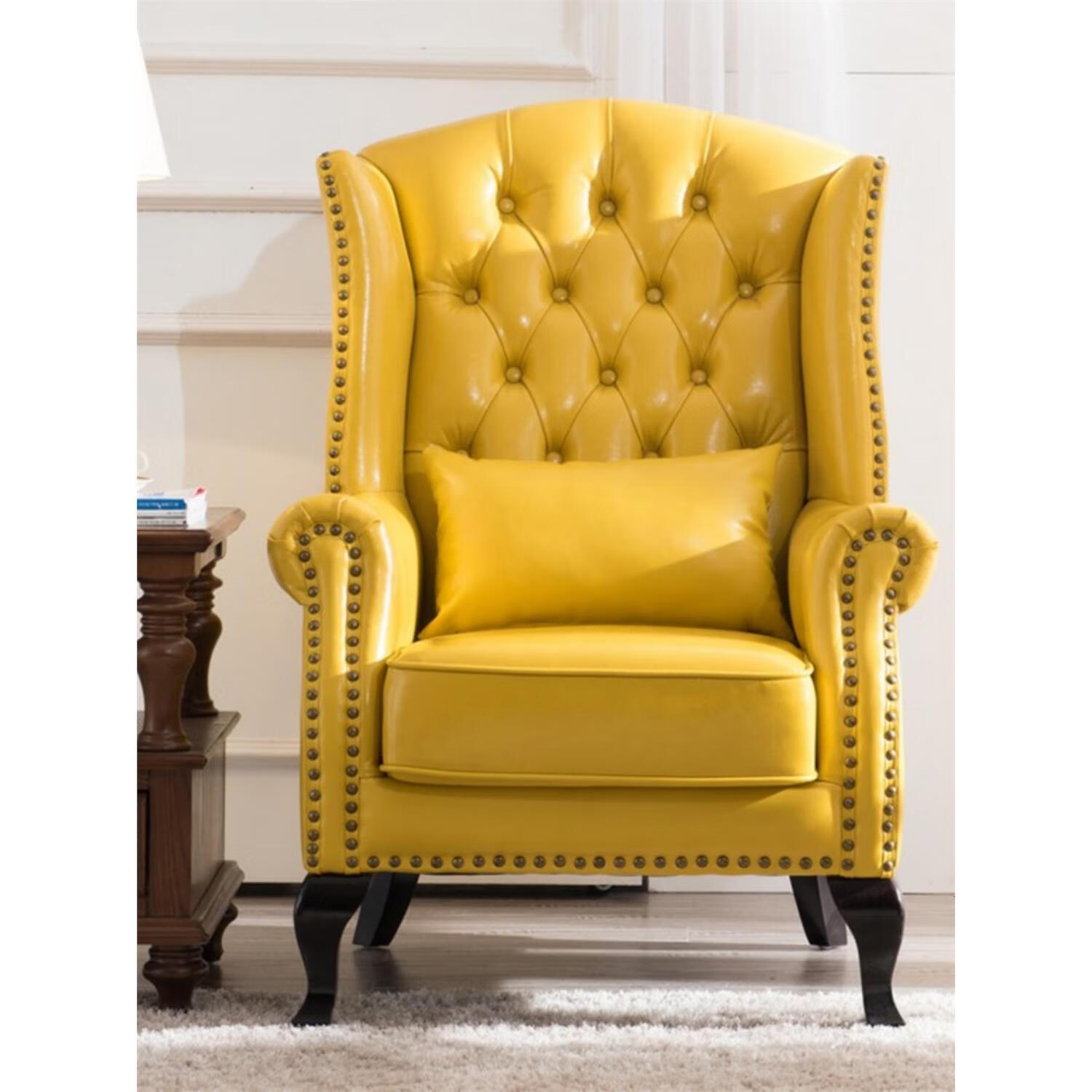 芝易欧式皮艺实木沙发美式老虎椅真皮单人沙发客厅贵宾洽谈椅卧室阳台