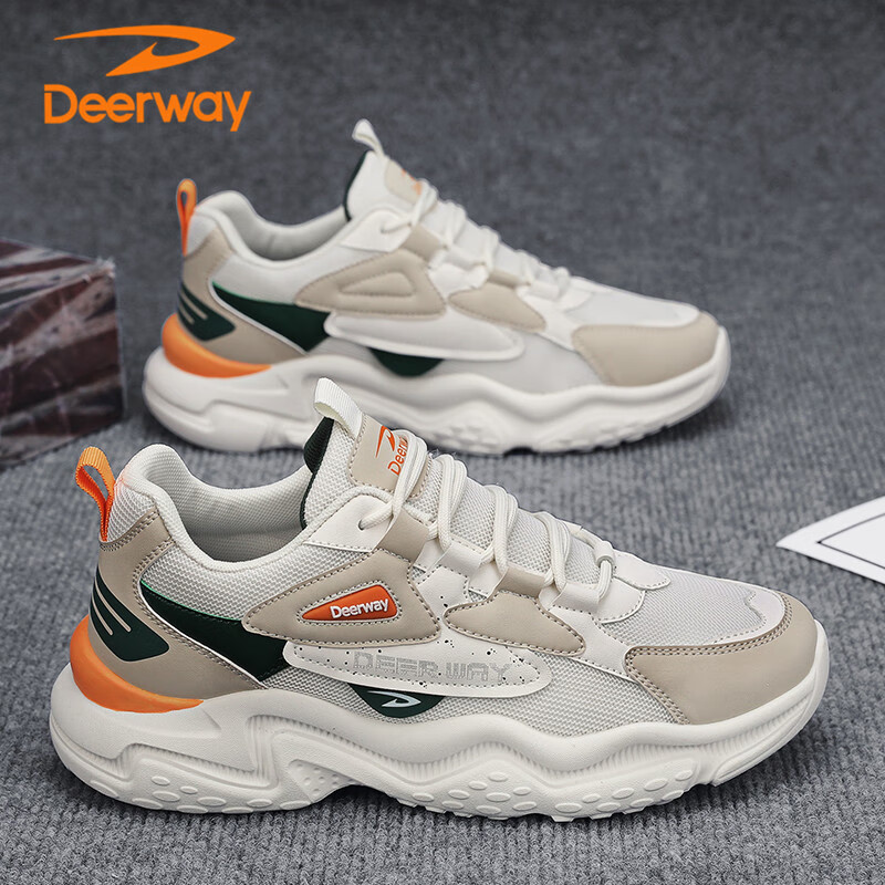 德尔惠(deerway)老爹鞋男鞋2024夏季鞋子男厚底运动跑步鞋 米杏绿 39