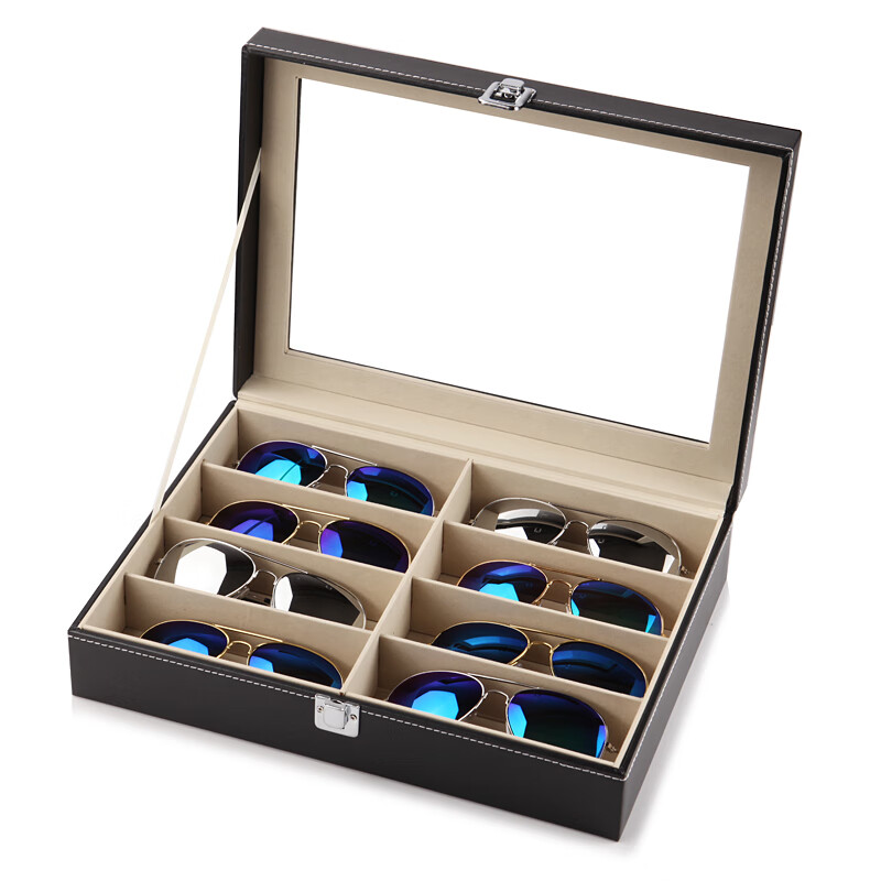 探福墨镜收纳盒时尚太阳眼镜收纳盒首饰展示盒多格大容量收藏盒皮革款 黑色单层8格眼镜盒