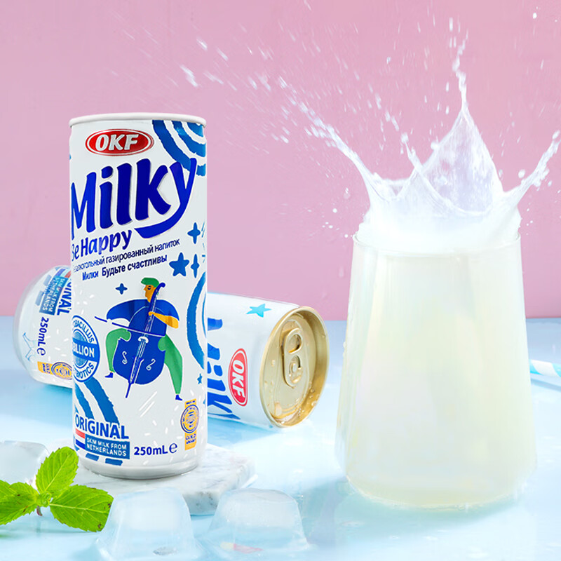 okf韩国进口乐天牛奶碳酸饮料乳酸菌苏打水汽水气泡水易拉罐 牛奶苏打