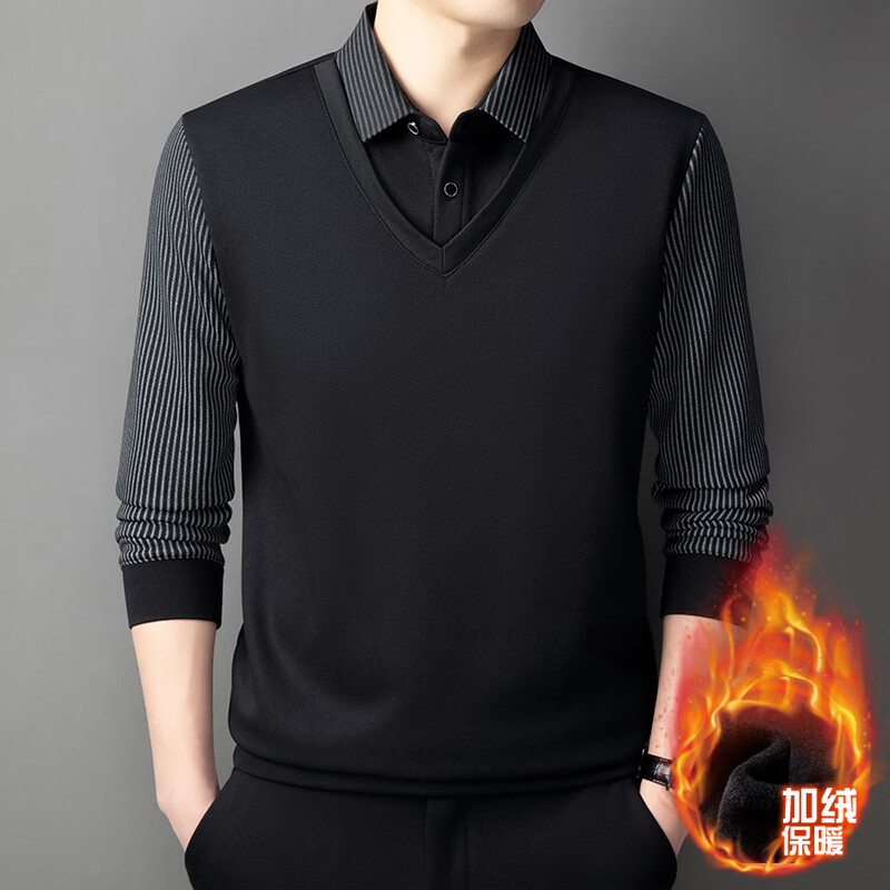 【秋冬爆款】高档男士加绒加厚休闲上衣 衬领卫衣 时尚百搭polo衫 黑色 XL /175【建议130斤-150斤】