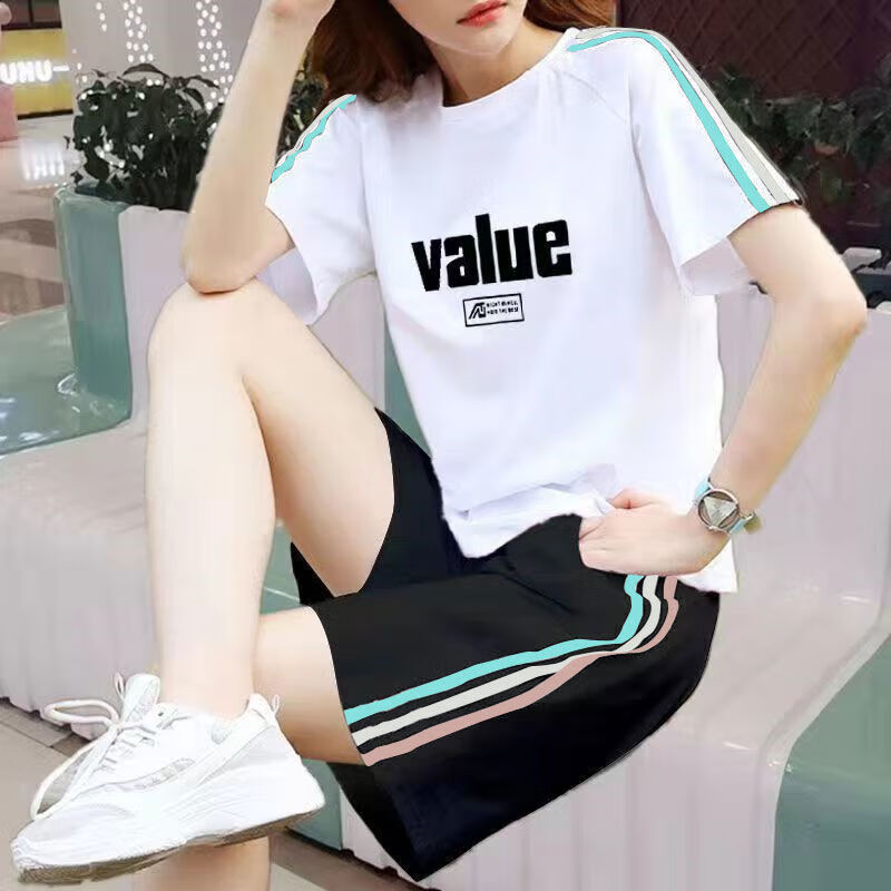 邦菲尔纯棉休闲运动服套装女夏季新款大码宽松学生短袖短裤两件套潮 黑白套装三色国风女 S 建议65-80斤