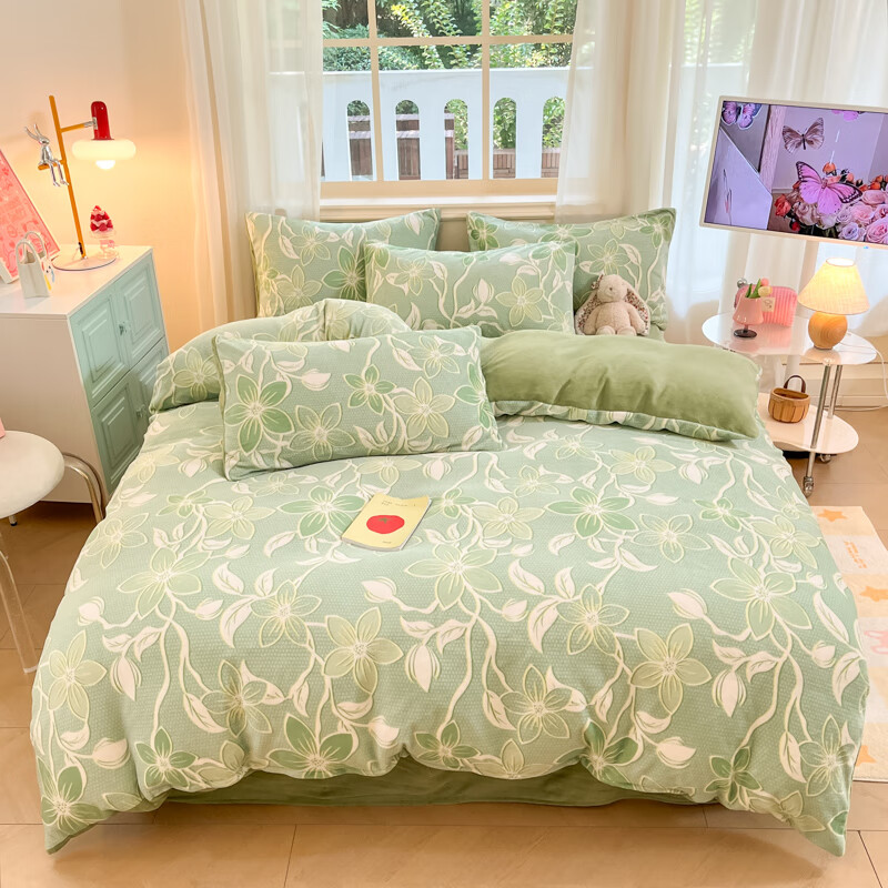 多兰诗（Duolanshi）牛奶绒四件套卡通双面加绒学生宿舍家用床单被套床上用品套件 花姿-绿 1.8米 床笠款 被套200*230cm 四件套