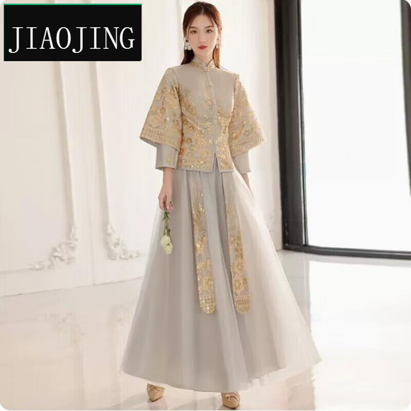 蘭伶坊伴娘服中式中式伴娘服年春秋中國風(fēng)婚禮姐妹裙伴娘團(tuán)大碼秀禾禮服 淺灰色 a款 s