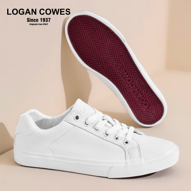 LOGAN COWES春夏潮搭板鞋系带小白鞋真皮百搭韩版平底鞋透气休闲单鞋 白色 36