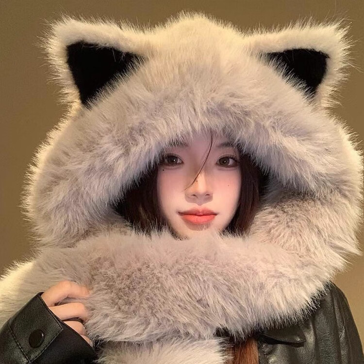 趣木也加厚毛绒绒狐狸耳朵帽子围巾一体秋冬季防寒保暖雷锋帽护颈显脸小 狐狸帽灰色