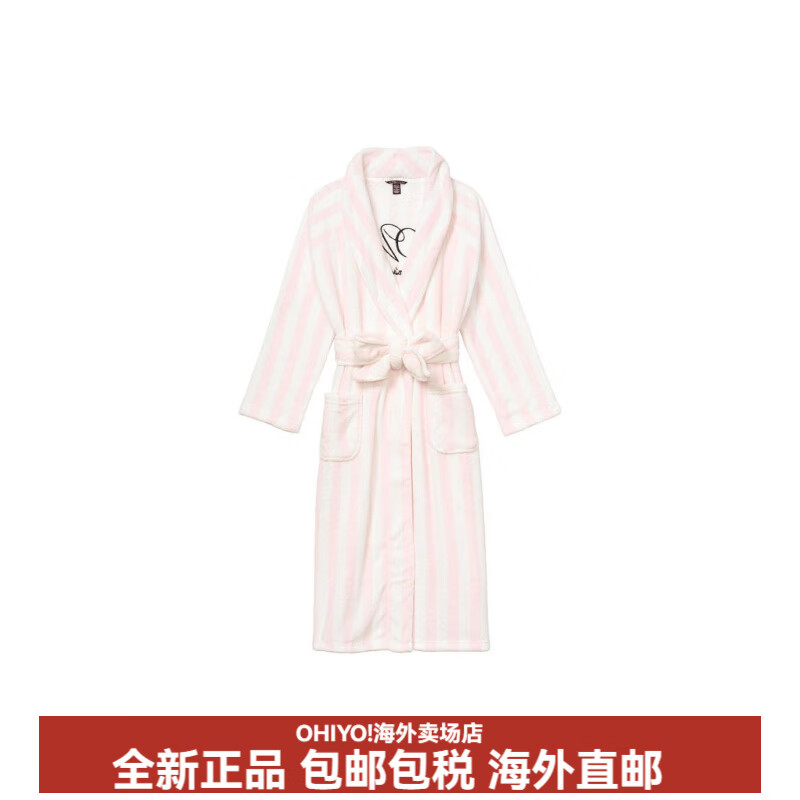 维多利亚的秘密（Victoria's Secret）舒适柔软绒感系带经典logo印花居家加绒保暖长款居家厚浴袍睡袍女 粉色条纹(基础装) XS S