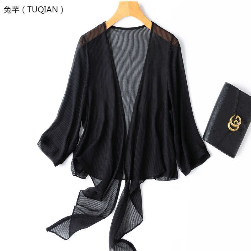 兔芊（TUQIAN）真絲披肩桑蠶絲夏季短款薄款外搭開(kāi)衫真絲薄款小外套開(kāi)衫短款外搭 黑色 L 建議115斤以內(nèi)