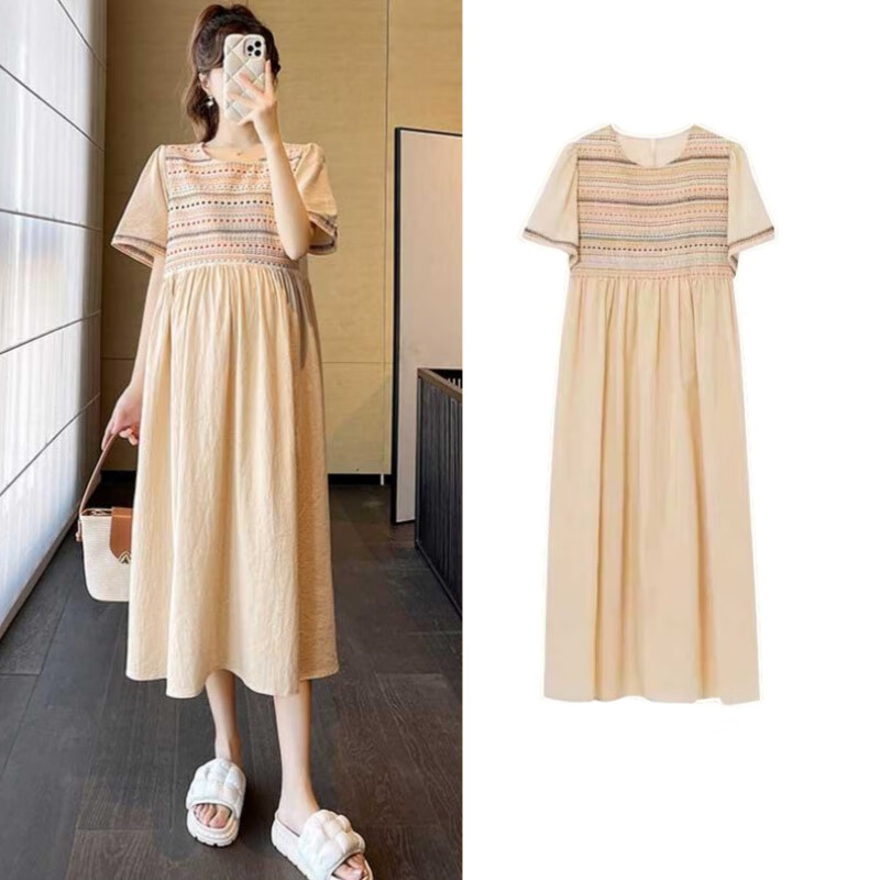 苒琦媽咪孕婦夏裝連衣裙新款夏季棉麻刺繡民族風(fēng)孕婦裝夏天短袖孕婦裙子 杏色 2XL