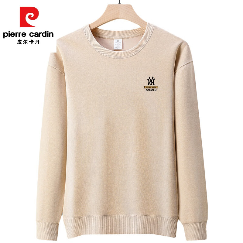 皮尔卡丹（pierre cardin）加绒加厚保暖纯棉卫衣男士新款圆领宽松长袖T恤男春秋冬款打底衫 加绒888-1米色 180/2XL150-165斤